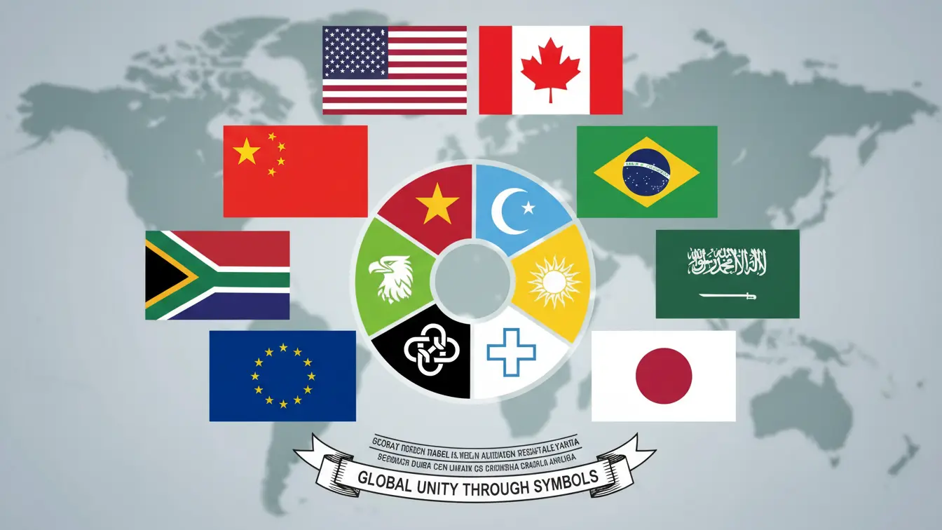 Illustration of multiple national flags arranged around a central circle of symbolic icons on a world map, representing global identity, shared values, and the psychological connection between flags and group belonging.