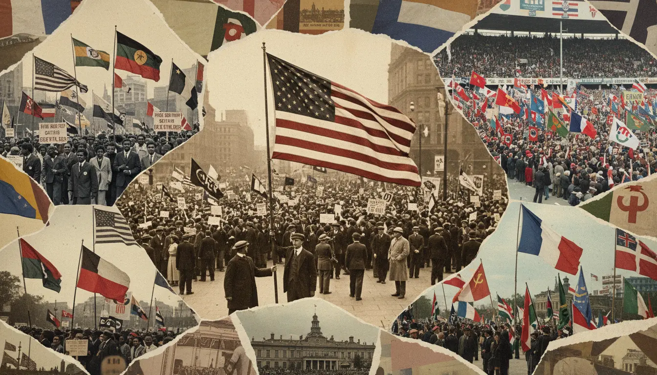 A vintage-style collage of historical political rallies and protests. In the center, a large American flag waves over a dense crowd gathered in a city square. Surrounding the center are smaller, Polaroid-style photos showing various global movements, including French flags, hammer and sickle banners, and other national symbols held by large groups of people. The entire image has a sepia-toned, aged paper texture, emphasizing the historical impact of flags on collective behavior.