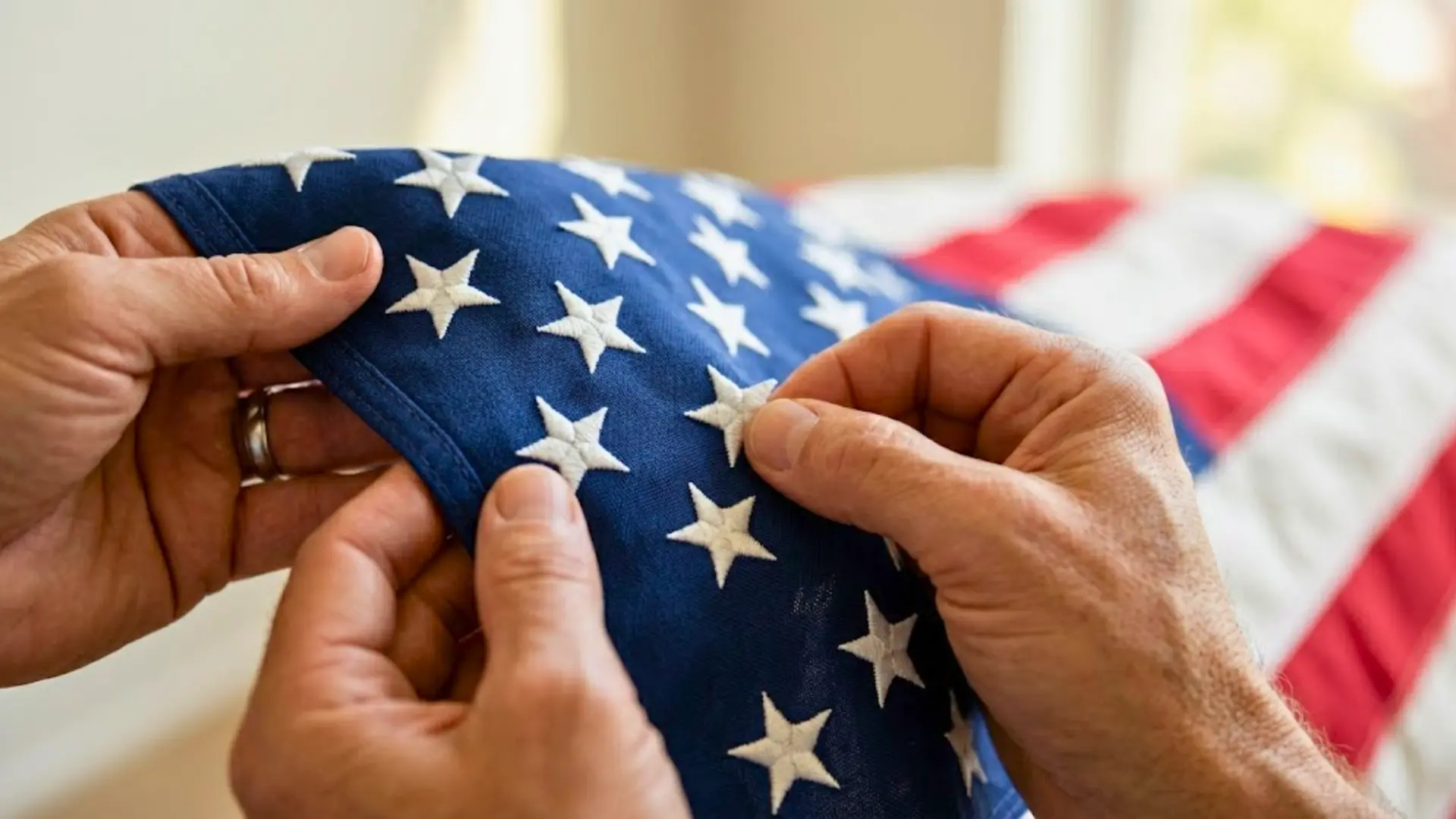 Inspecting American Flag Star Field – Quality and Care | Flag Etiquette Close-up of a person's hands holding and inspecting the embroidered white stars on the blue field of an American flag