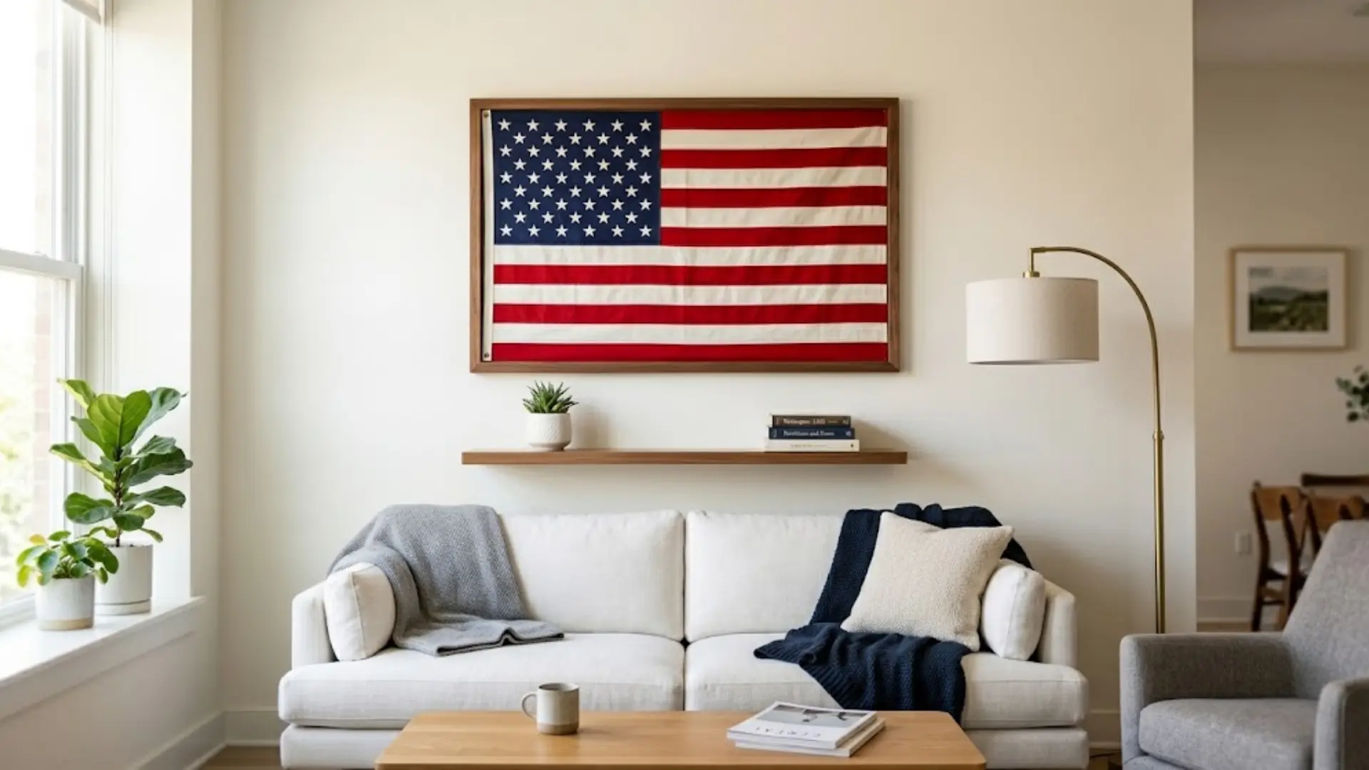 American Flag Framed Indoors – Proper Indoor Display | Flag Etiquette American flag displayed in a wooden frame mounted on a cream wall above a white sofa in a bright minimalist living room