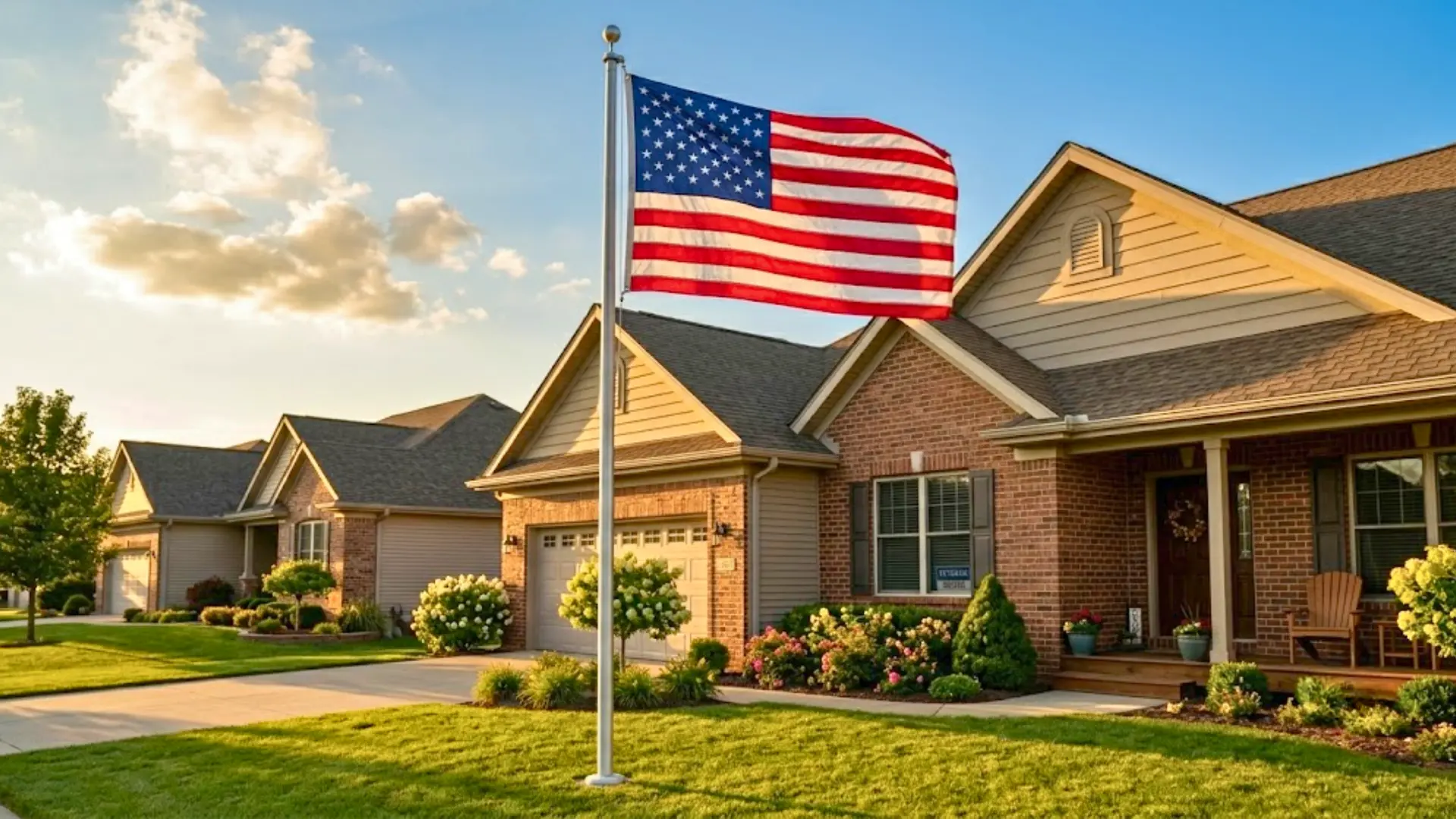 American Flag on Home Flagpole – Proper Outdoor Display | Flag Etiquette American flag flying proudly on a tall flagpole in the front yard of a brick suburban home during golden hour