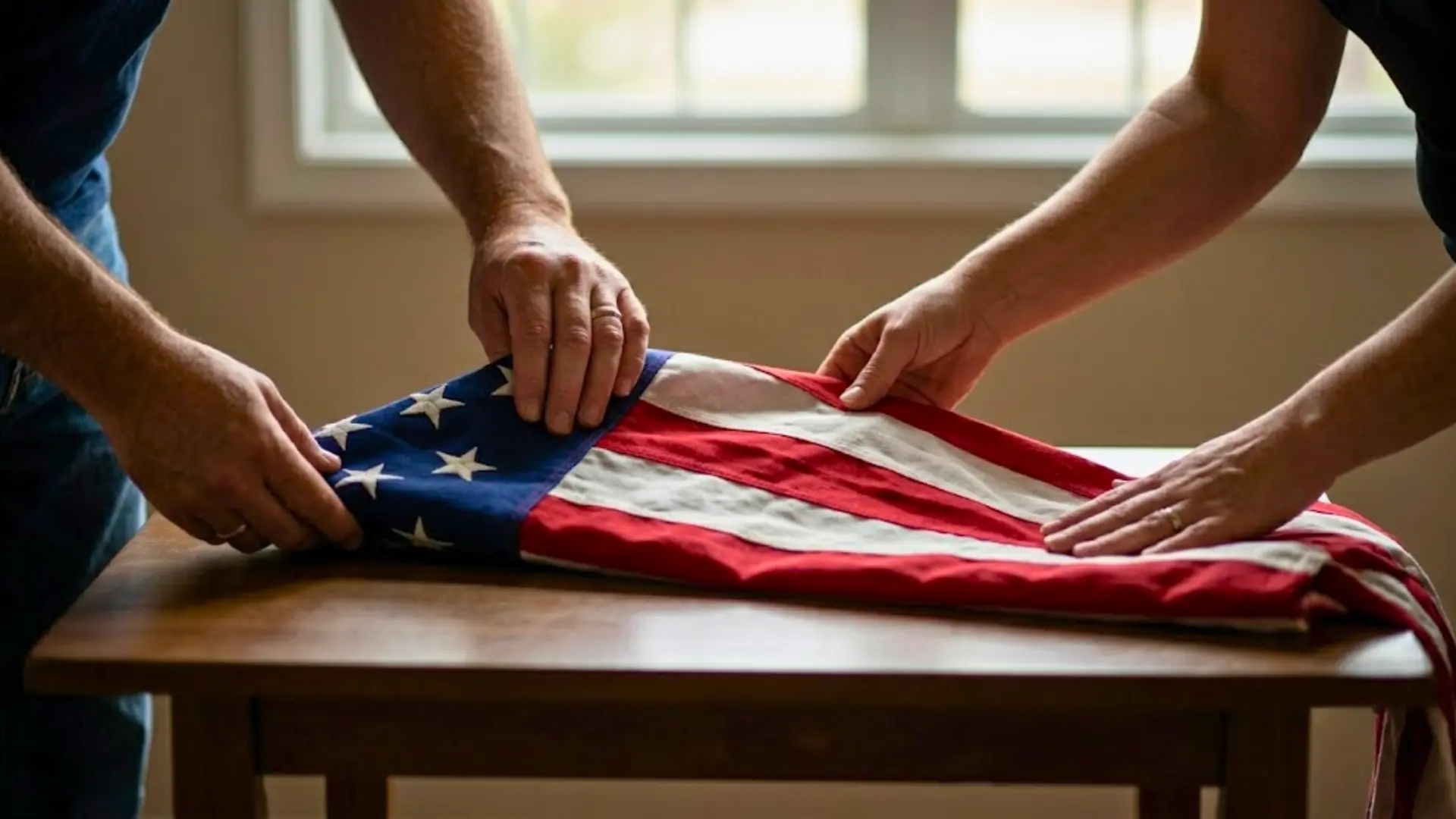 Proper American Flag Folding Technique | Flag Etiquette Two people carefully folding an American flag on a wooden table indoors, showing proper ceremonial flag folding technique