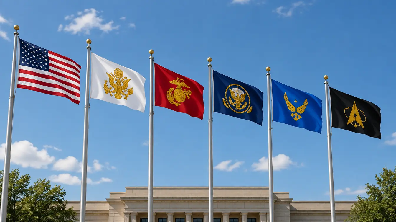Row of flagpoles flying the American flag and US military service flags outside a civic building Row of flagpoles flying the American flag and US military service flags outside a civic building