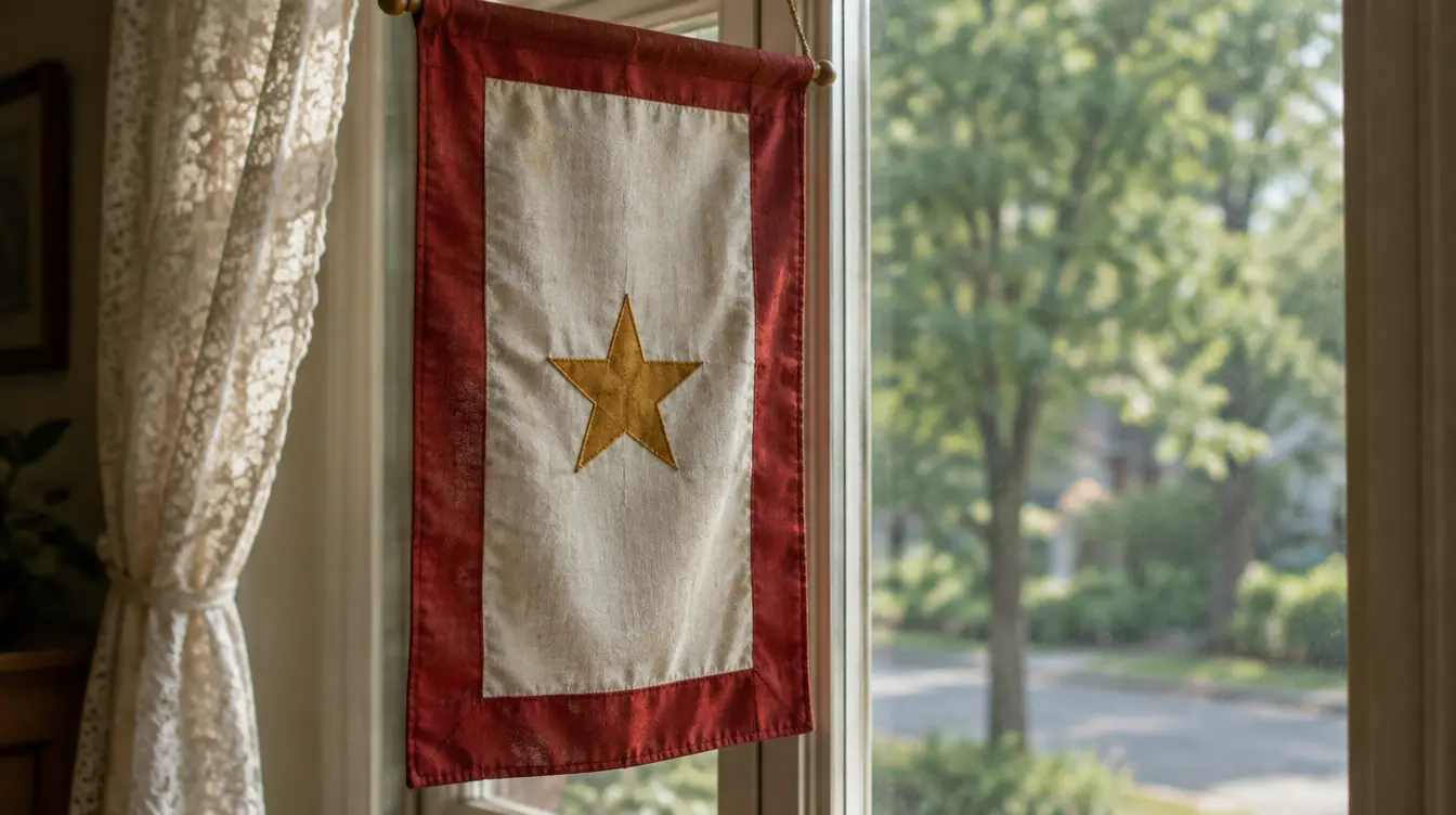 Service flag with a single gold star displayed in a family window