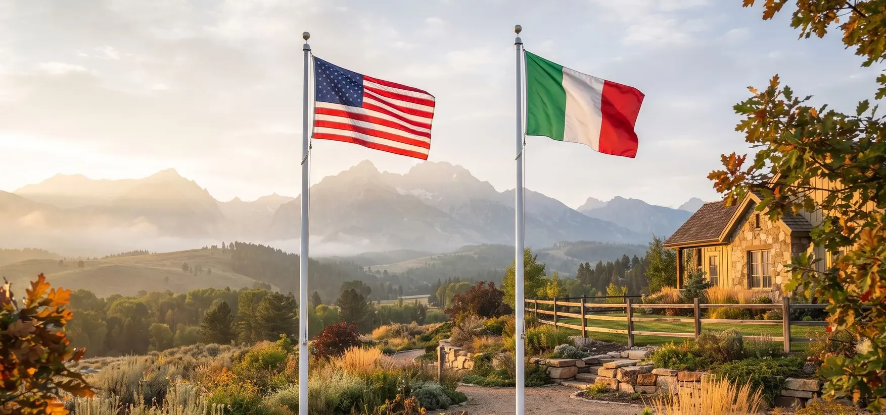 American flag and Italian flag flying on separate poles at equal height outside a home in autumn on Columbus Day