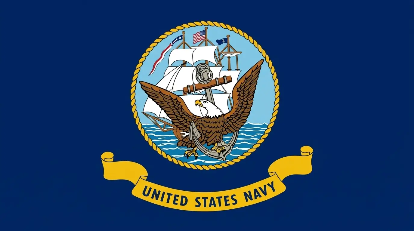 Official flag of the United States Navy featuring the seal with an American eagle, three-masted ship, and anchor over a dark navy blue background with a banner reading "UNITED STATES NAVY". Official flag of the United States Navy featuring the seal with an American eagle, three-masted ship, and anchor over a dark navy blue background with a banner reading "UNITED STATES NAVY".