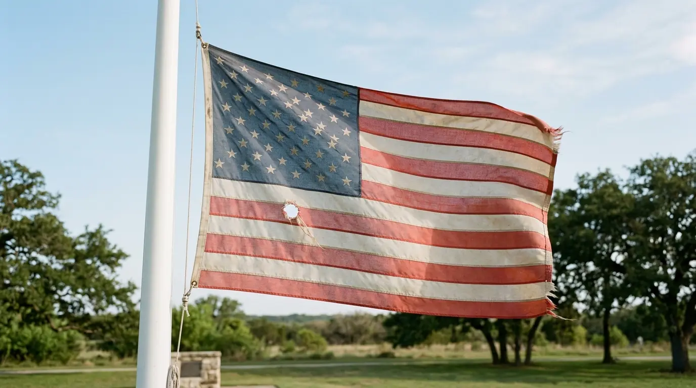 A wide 16:9 photograph of a sturdy metal flag collection drop box painted dark blue, standing on a concrete walkway outside a brick community building. Several neatly folded American flags in triangles rest on a wooden bench beside the box. Soft morning light, a few green shrubs in the background, clean and orderly scene. No readable text or signage on the box or building, no people. Realistic, respectful, documentary style photography, 1920 x 1080 pixels.