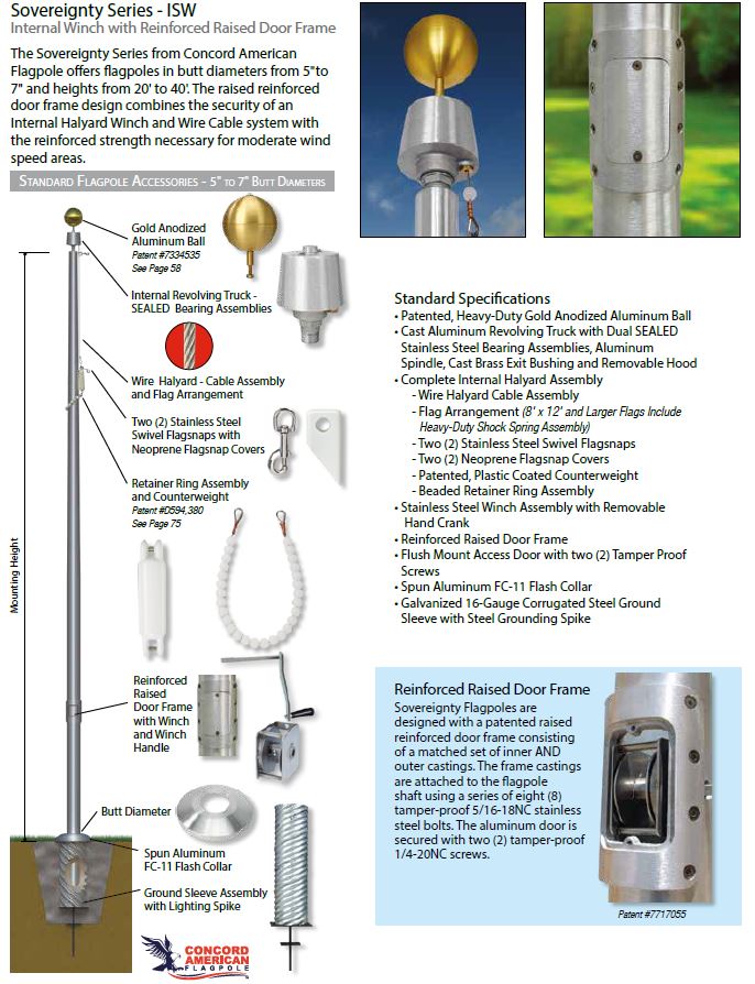 35' ISW Internal With Winch Wire Halyard Ground set Clear Anodized